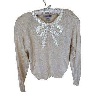 Vintage Amanda Smith Medium Cream Silk Blend Sequined Bow Holiday Sweater Wool